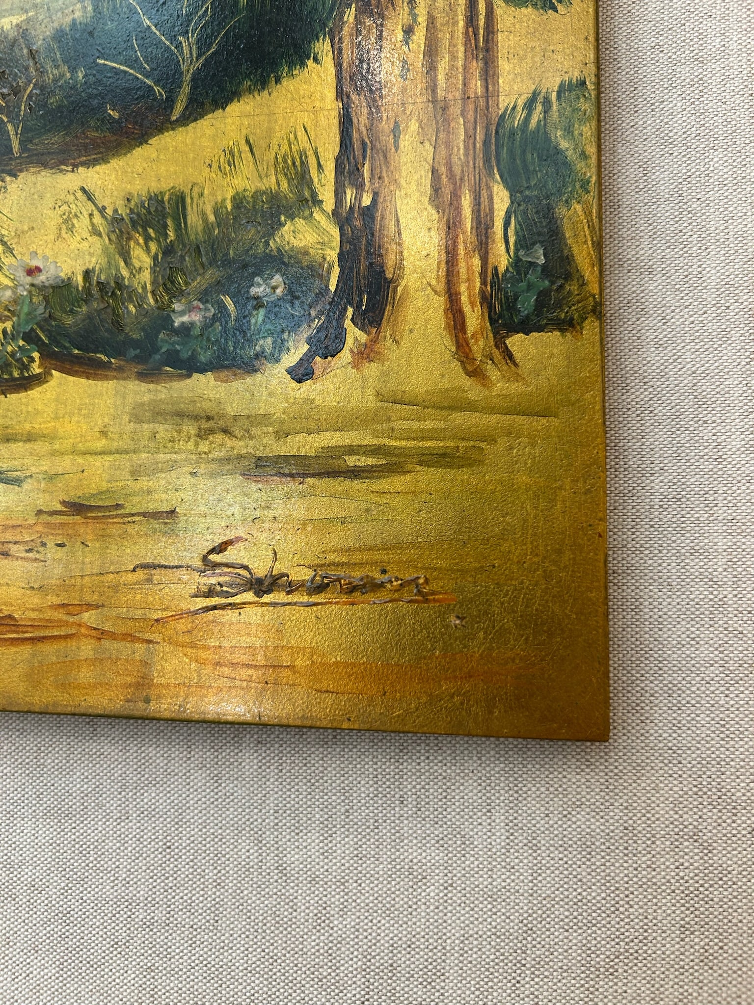 Pair of Vintage Original Oil on Board With New Linen Float Mat and Original Wood and Gold Leaf Frame - 18