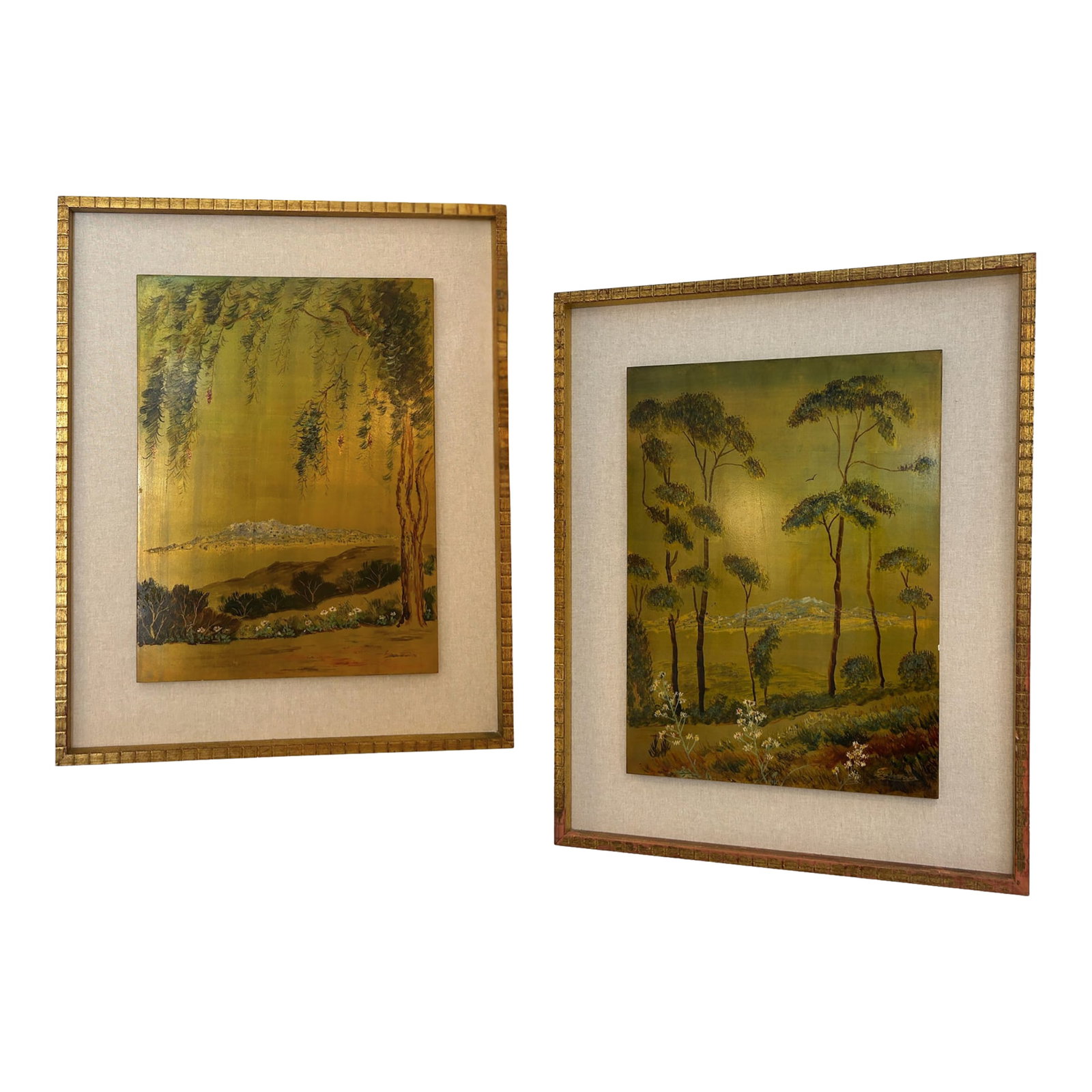 Pair of Vintage Original Oil on Board With New Linen Float Mat and Original Wood and Gold Leaf Frame: Pair of vintage original oil on board landscape paintings, newly presented with linen float mats and their original wood frames featuring gold leaf detailing. The compositions depict serene natural