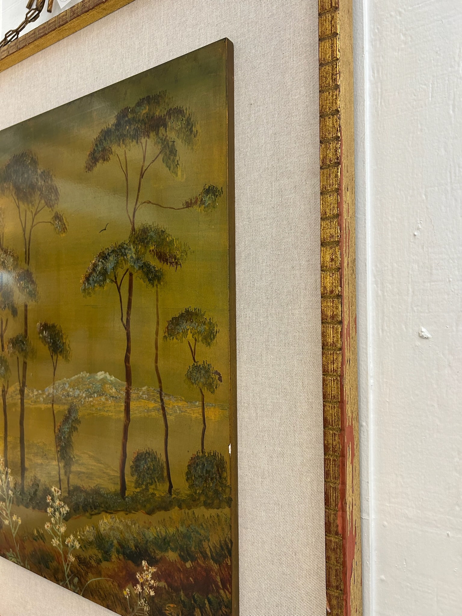 Pair of Vintage Original Oil on Board With New Linen Float Mat and Original Wood and Gold Leaf Frame - 6