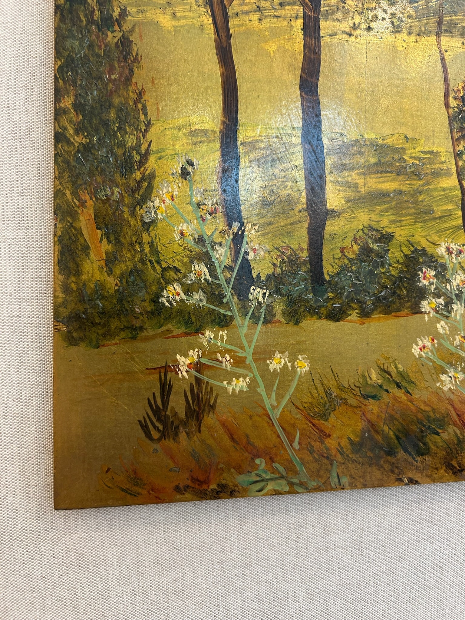 Pair of Vintage Original Oil on Board With New Linen Float Mat and Original Wood and Gold Leaf Frame - 7