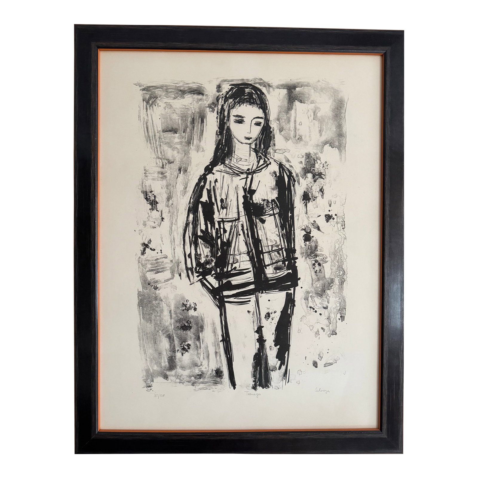 1960s Mid-Century Modern Greta Schreyer "Teenager" Signed Limited Edition Lithograph, 85/120: Original mid-century modern lithograph titled Teenager by Greta Schreyer, hand-signed in pencil lower right and numbered 85/120 lower left. Title written in pencil at center margin. This expressive