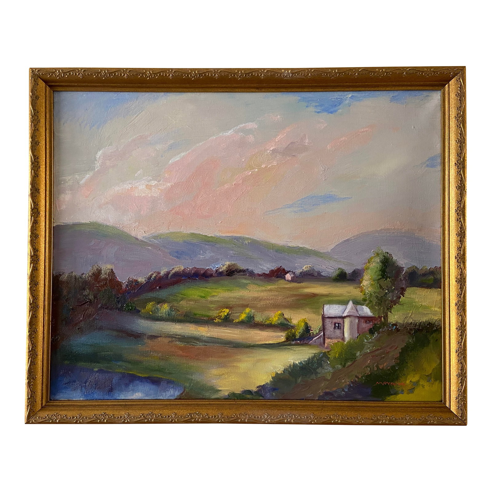 The Barn in the Field Original Landscape Oil Painting by Marina Movshina: A barn and silo is nestled in the luxuriant field of green and gold. Pink clous billow in a blue sky. The lovely view is close to Marina's Giverny, a place on the Indian Creek in rural Missouri. She h