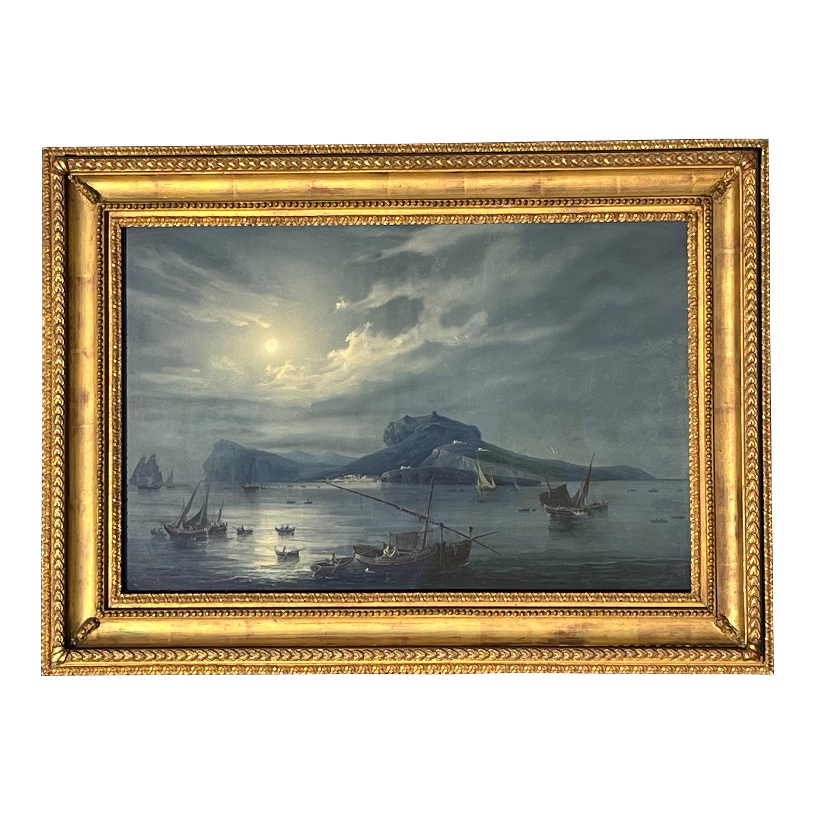 1900 Large Italian Neopolitan Gouache Painting Bay of Naples in Gilt Frame: Impressive painting in nice gilt wood frame. Unsigned. Frame: 22 1/2" x 31" Image: 16" x 24" A few minor nicks to frame edges. Condition: Alterations: Original Condition Unaltered Imperfections: Some