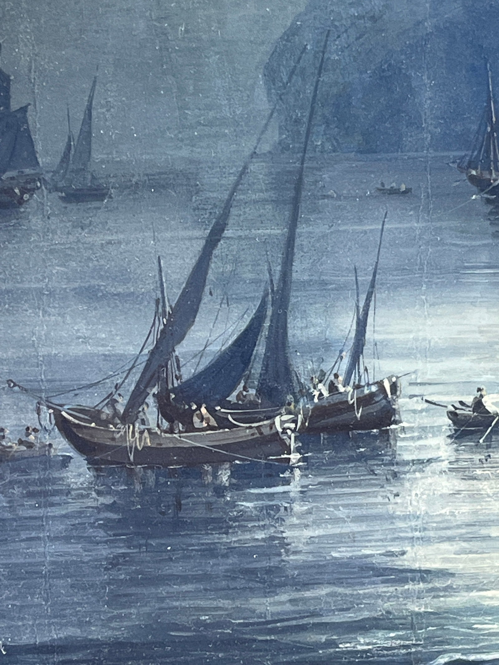 1900 Large Italian Neopolitan Gouache Painting Bay of Naples in Gilt Frame - 3