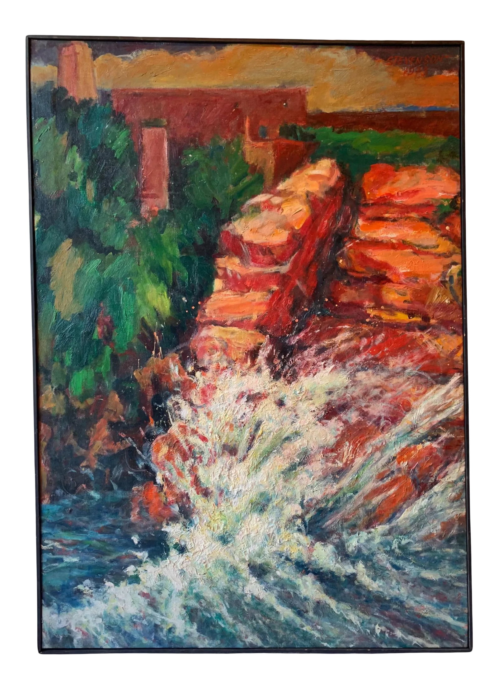1970s Abstract Mountain Landscape Painting, Framed: Lively 1970s abstract landscape painting. Depicts a scene of structures in the back ground with boulders and white water rapids in the foreground. Is signed and dated by the artist "Stevenson 1973"