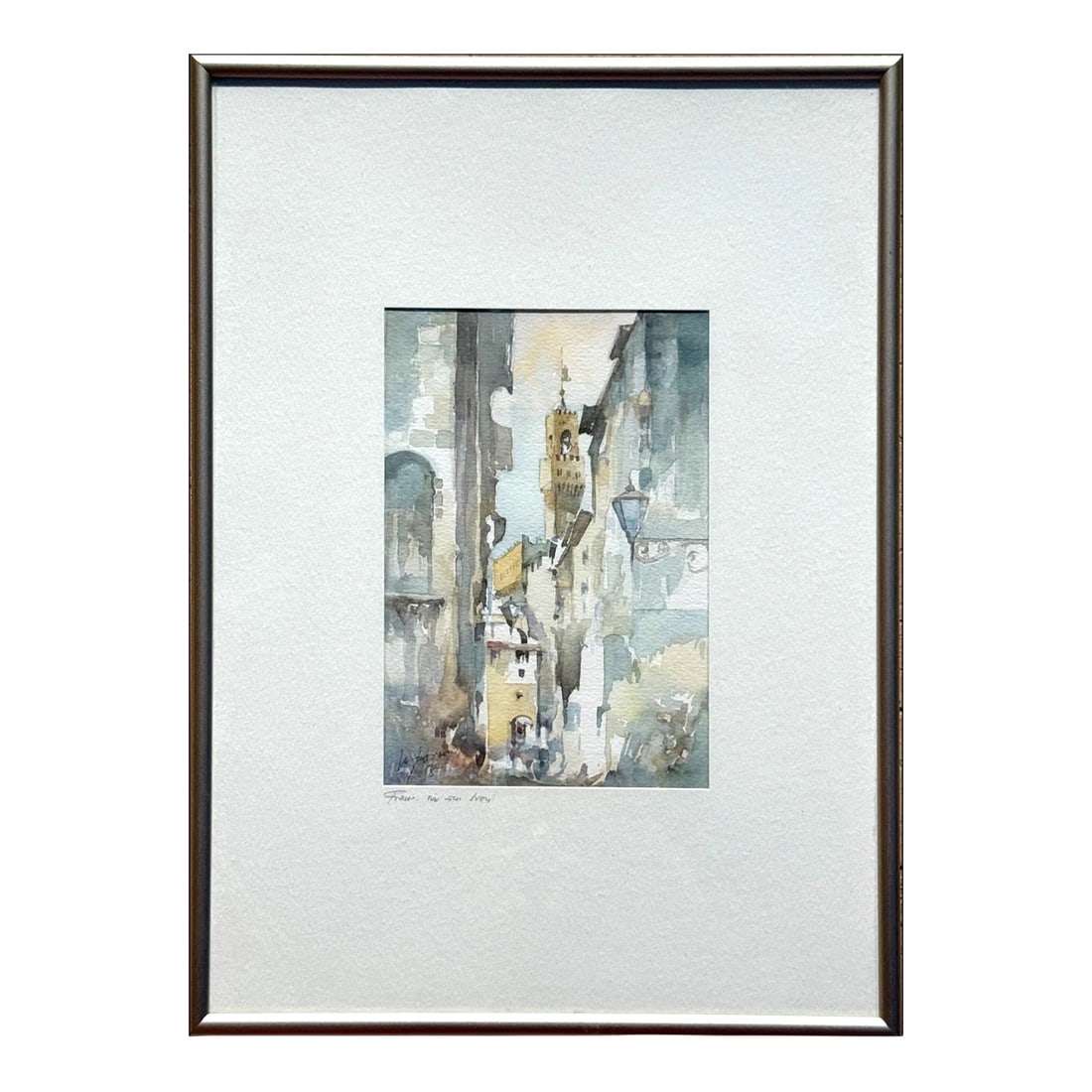 Small Signed Watercolor of via Dei Neri, Florence, Italy: A small original watercolor depicting Via dei Neri in Florence, rendered in a loose, atmospheric style with softened architectural forms and a warm, muted palette typical of classic Florence street