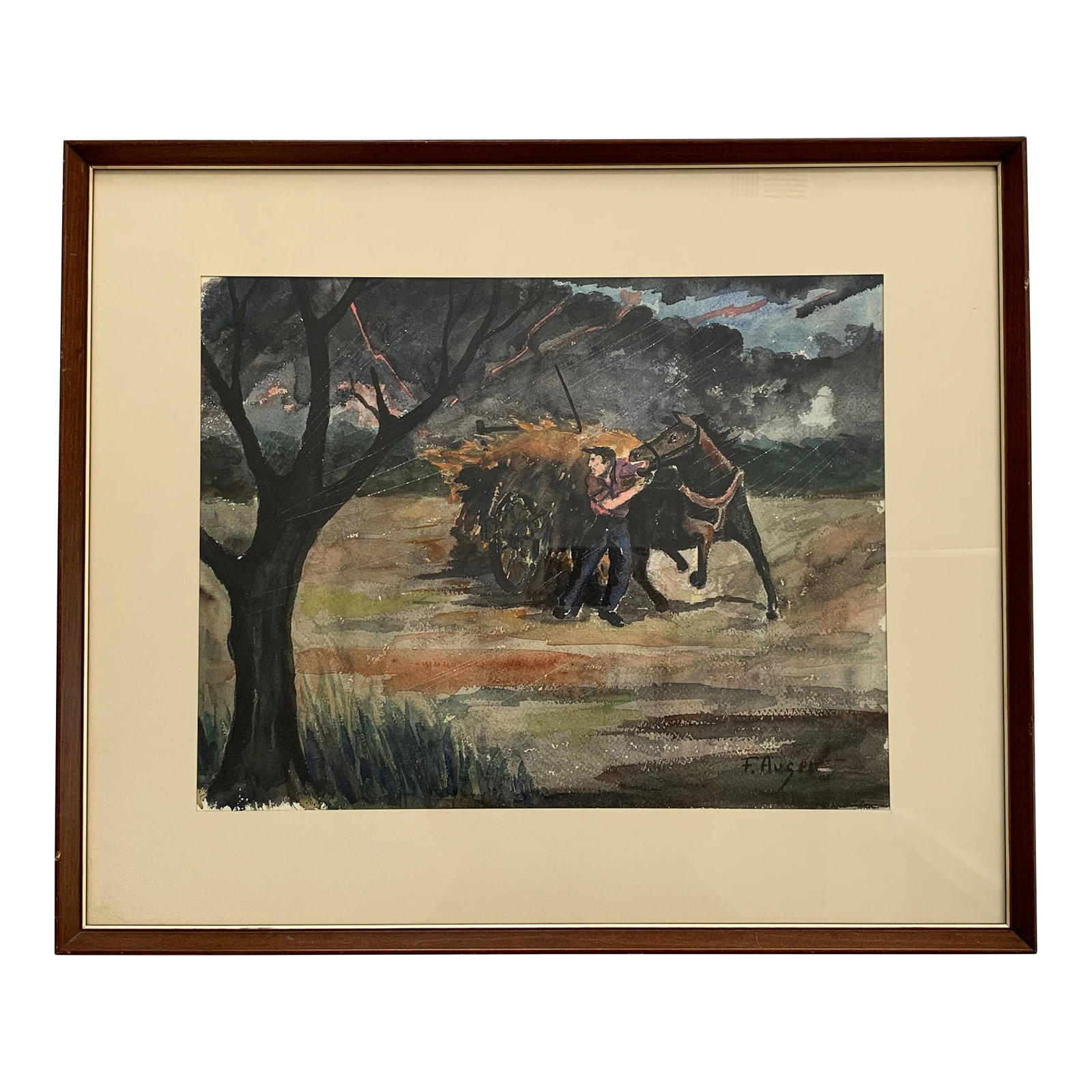 1960s Fernand Auger Watercolor of Farmer + Horse in a Storm: 1960's Original Watercolor of Farmer + Horse in a Lightning Storm by Canadian Artist, Fernand Auger A beautiful moody palette highlights the intensity and drama of the scene. Signed bottom right.