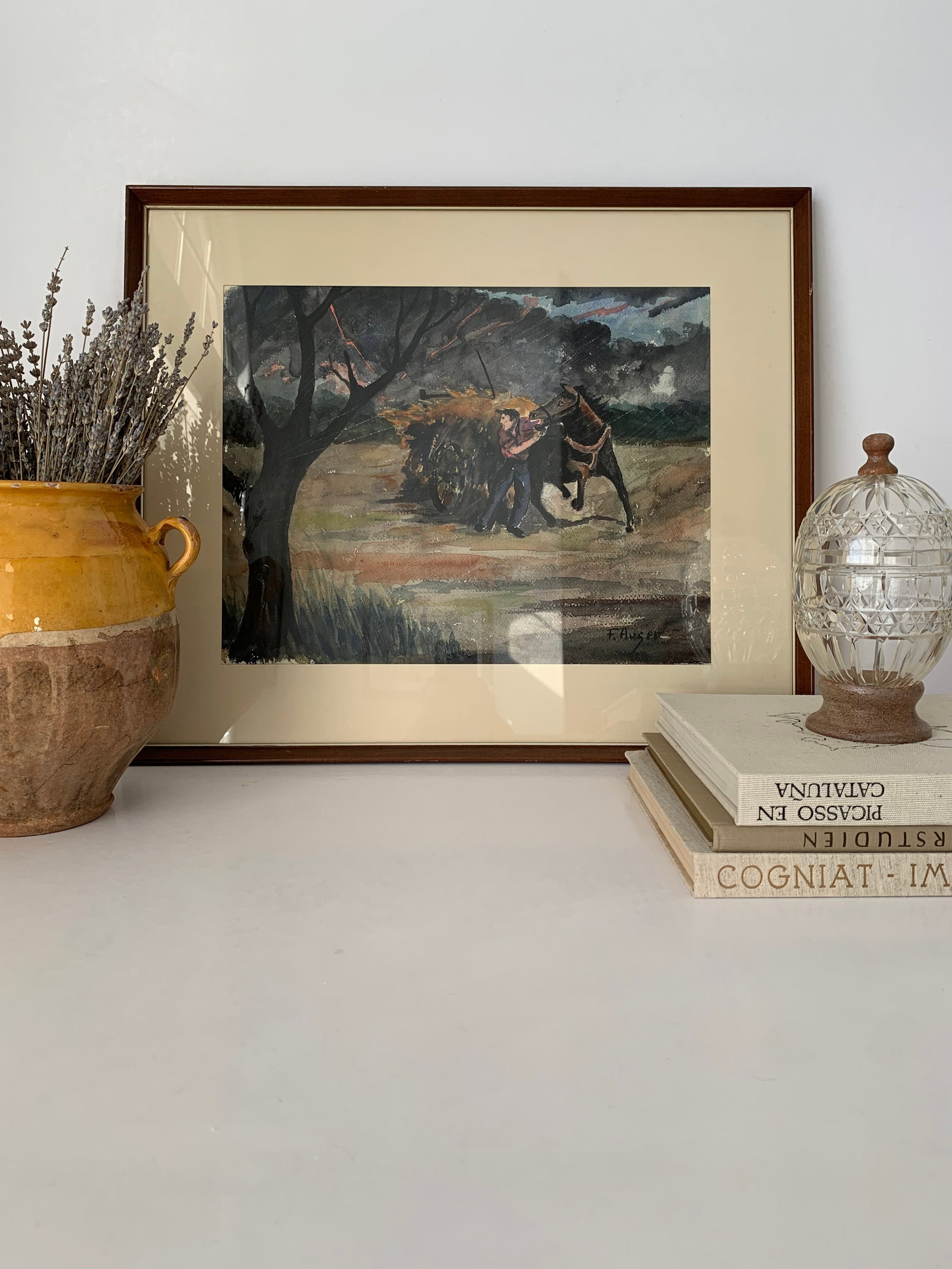1960s Fernand Auger Watercolor of Farmer + Horse in a Storm - 2