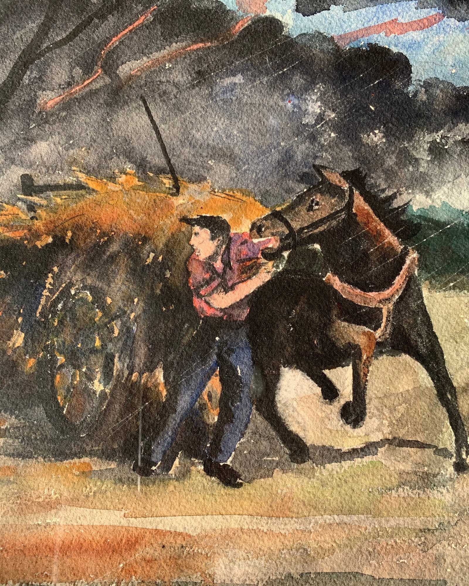 1960s Fernand Auger Watercolor of Farmer + Horse in a Storm - 3