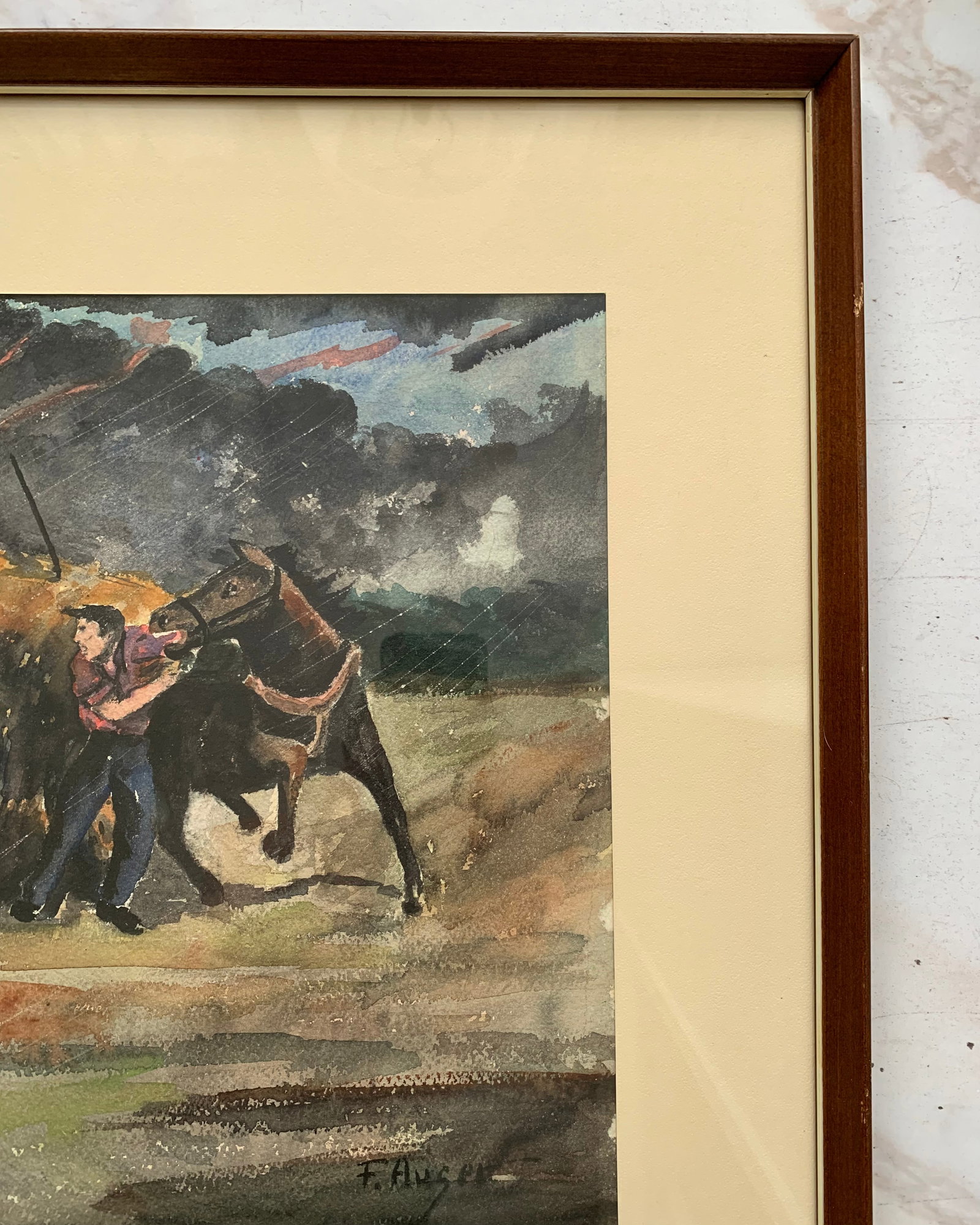 1960s Fernand Auger Watercolor of Farmer + Horse in a Storm - 5