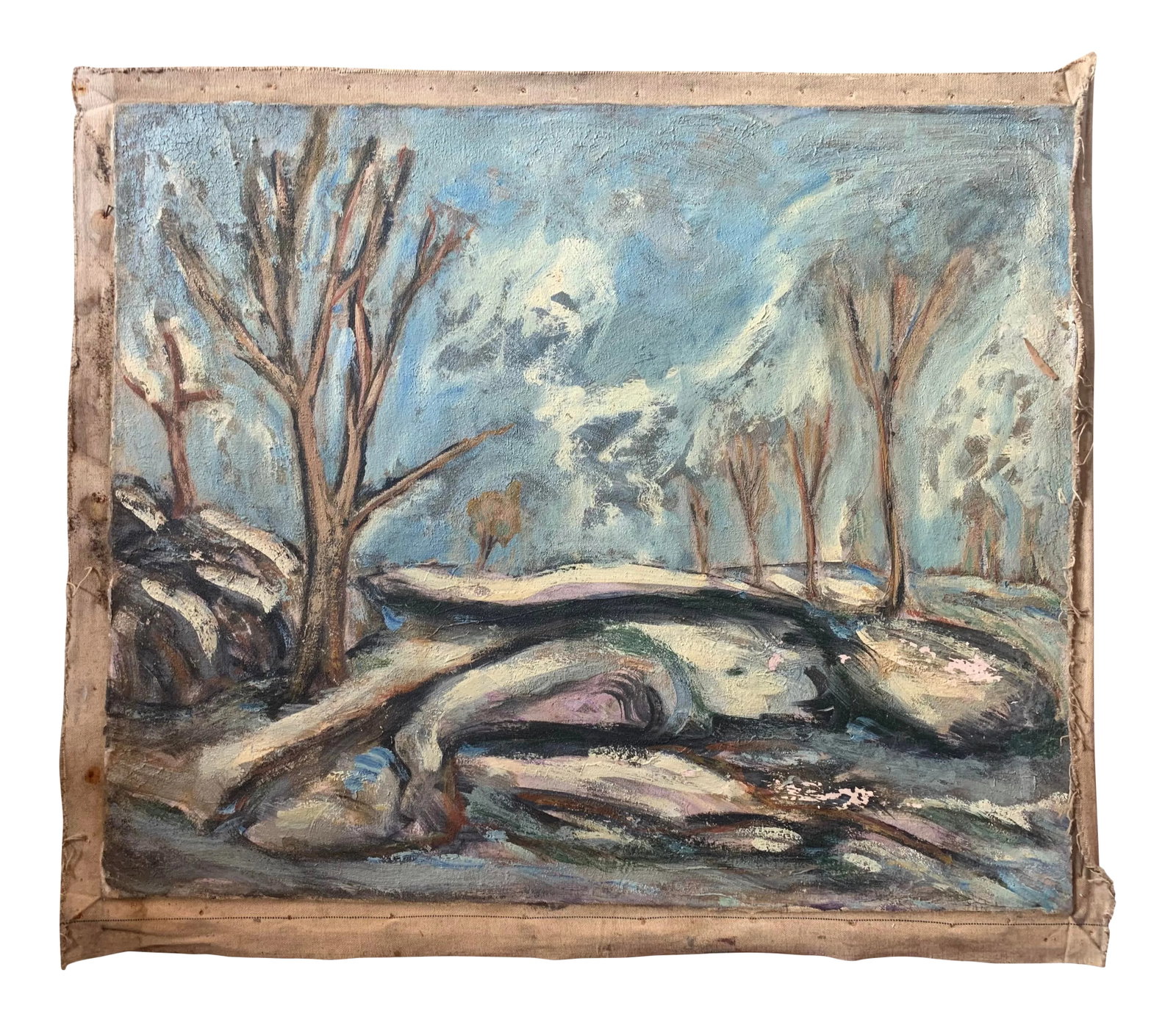 1930s Expressionist Plein Air Landscape Painting by Joachim Aviron: Original Vintage, 1930's, oil painting on canvas of an abstract landscape by artist Joachim Aviron. The painting measures 20 x 24" and has been taken off the stretcher. Condition: Alterations:
