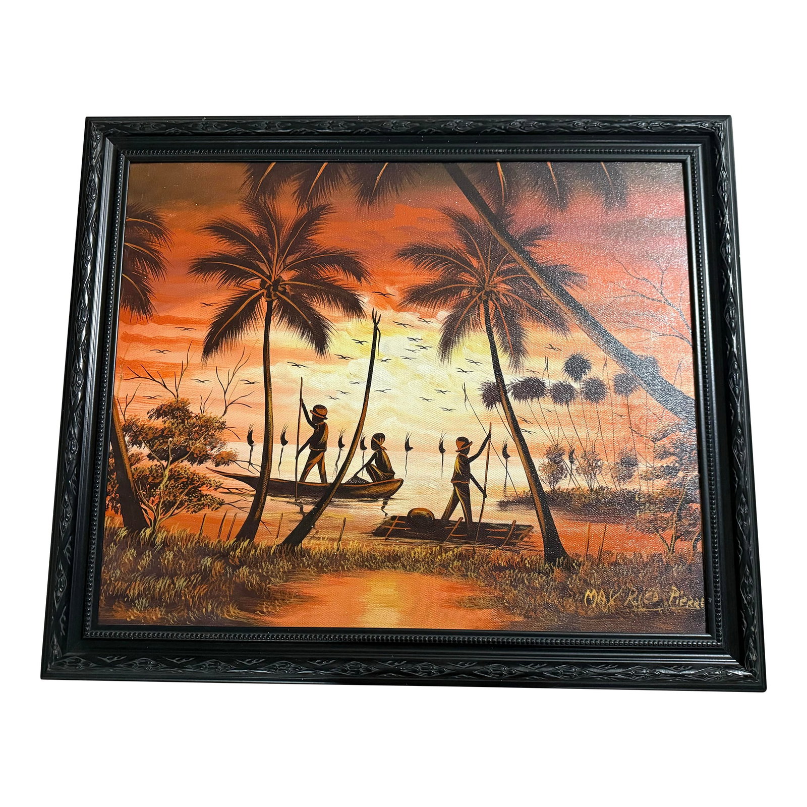 1990s Oil Painting by Max Rico Pierre Scene Vibrant Beach Scene Framed (1 of 6)