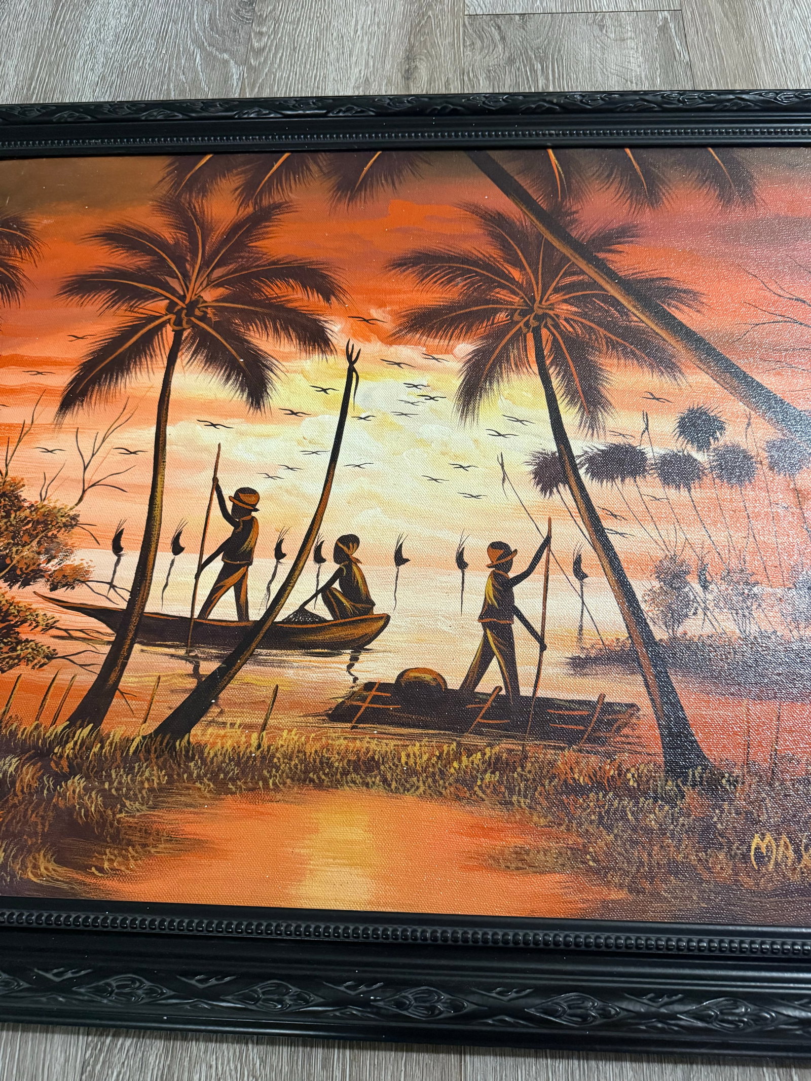 1990s Oil Painting by Max Rico Pierre Scene Vibrant Beach Scene Framed - 3