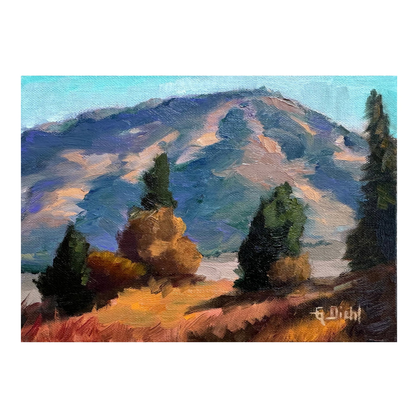Original Fine Art Oil Paintings by Grace Diehl - Mountainside: I composed this painting from one of my hikes. I wanted to capture the light as it swept through the landscape. Condition: Imperfections: No Imperfections Origin: United States Materials &