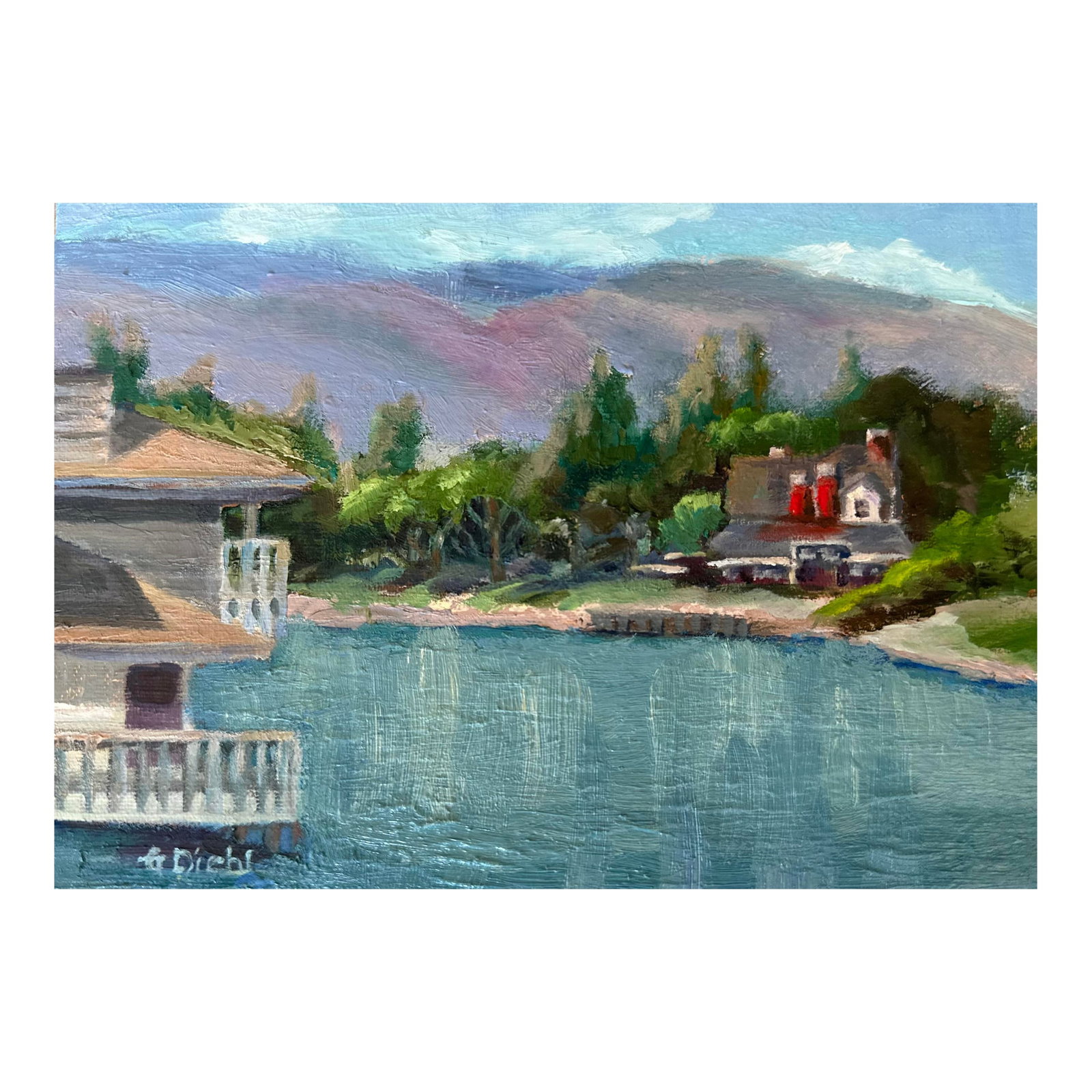 Original Fine Art Oil Paintings by Grace Diehl - Lake House: Close by to where I live there is a park, Woodbridge Park, that I like to take my bicycle and go to. I like this scenery where the house with red accents sits back across the lake and the mountains
