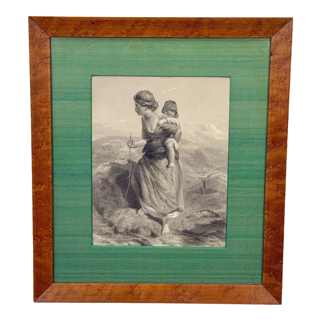 Antique Outsider "The Mountaineer" Mother & Child Engraving Art by Paul Falconer Poole: "The Mountaineer" by Paul Falconer Poole, c.1890's - Originally Engraved by T. Gardener - 12" x 14" - Depicts a Mother & Child Crossing a Mountain Landscape - Wonderful Detailing with Great Emotion -