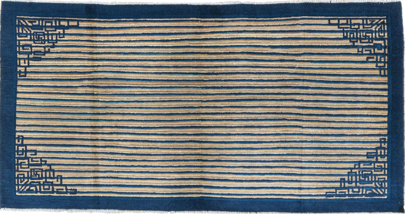 1920s Vintage Peking Chinese Rug 7'4" x 3'10": This unusual short warp Chinese rug has a field pattern of horizontal stripes with particular emphasis on dark blue.These lines pass under the fretwork corners,giving a 3-dimensional effect.The blue