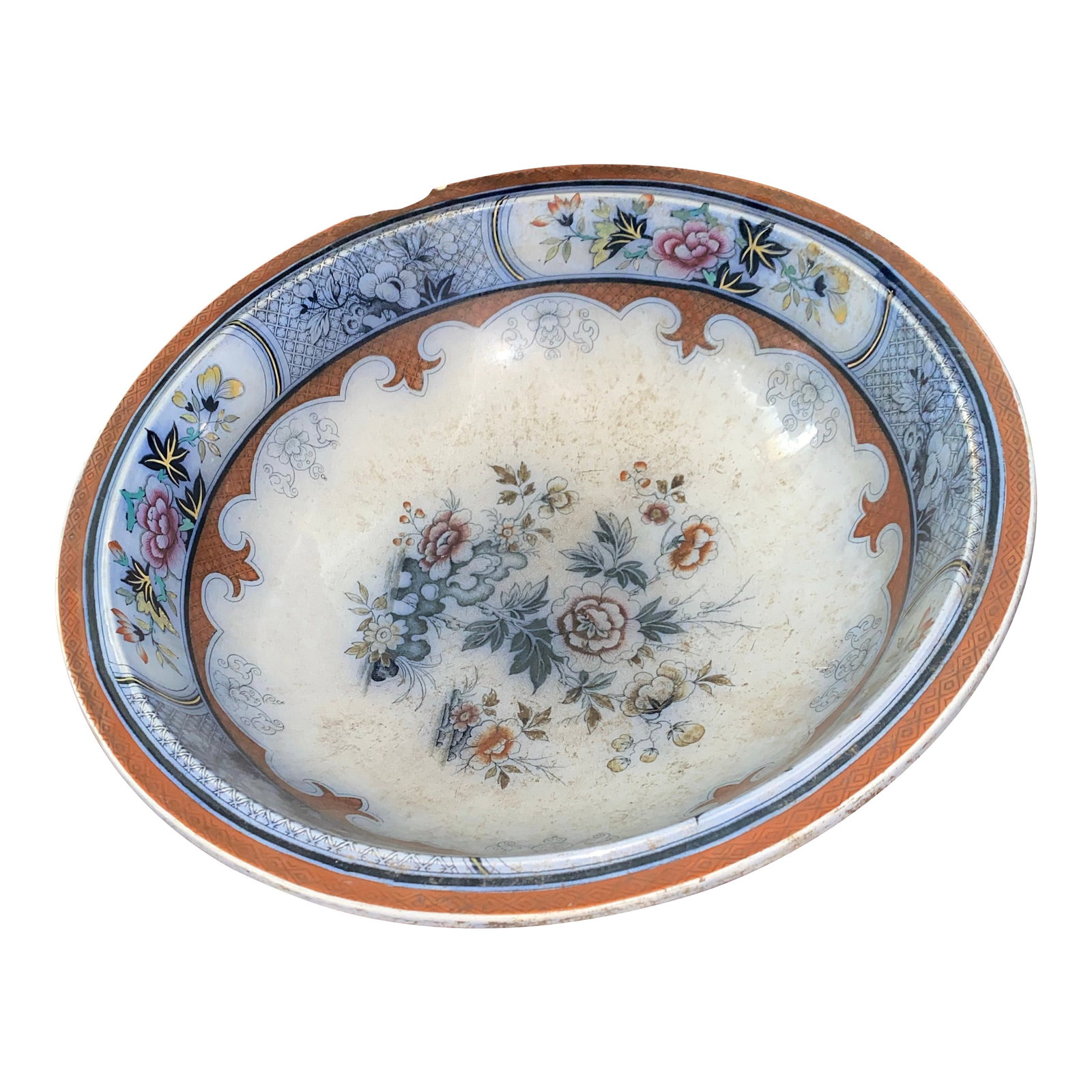Antique Japanese Imari Ware Round Bowl With Floral Motifs and Scalloped Rim.: Imari ware is a style of Japanese porcelain characterized by its distinctive blue and white underglaze, often accented with red, gold, and green overglaze enamels. It originated in the Arita region of