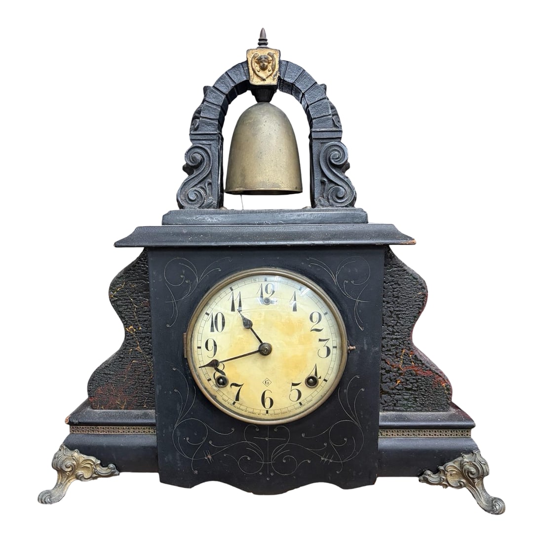 1903 Gilbert Bell Top Mantel Clock With Brass Bell, Original Key: An early 20th-century American bell top mantel clock by the Gilbert Clock Company, dated 1903. This sculptural clock features a dramatic black case with engraved detailing, an architectural bell-top c
