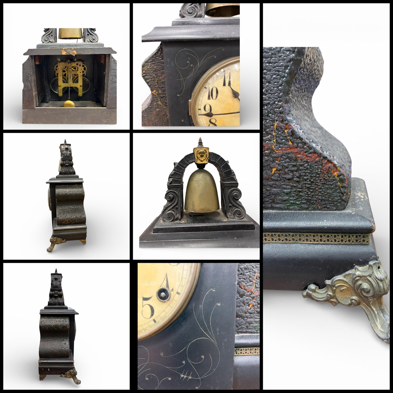 1903 Gilbert Bell Top Mantel Clock With Brass Bell, Original Key - 7