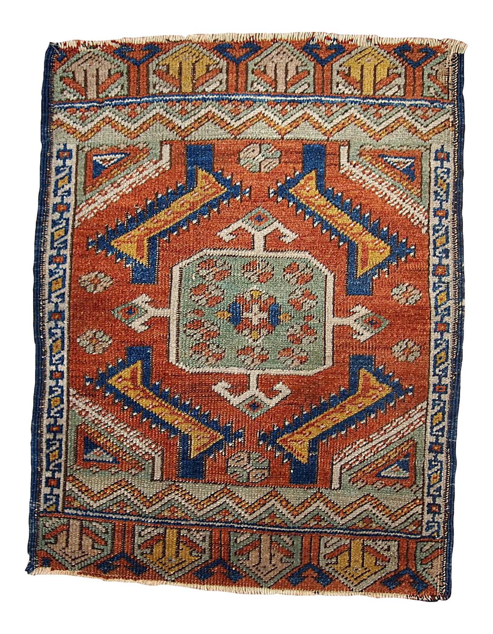 1870s Handmade Antique Collectible Turkish Yastik Rug: Antique collectible Turkish Yastik rug in bright orange, yellow and blue shades. The centre and two ends are in light green colour. The borders are beige. -condition: original good, -circa: 1870s,