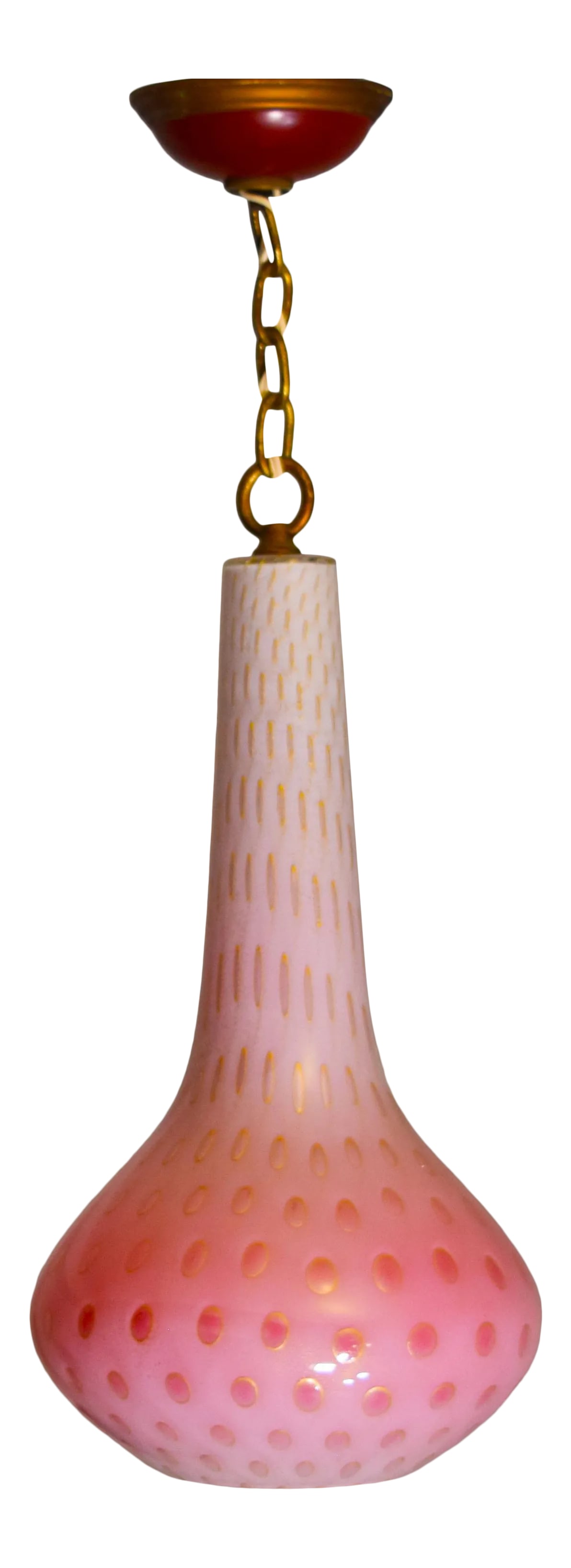 1950s Alfredo Barbini Pendant Lamp: A rare pendant lamp by Aldrefo Barbini, Italy circa 1950. Cased genie glass with pink inside, and controlled bubbles in the outer glass with gold circles and flecks embedded in the white. Measures