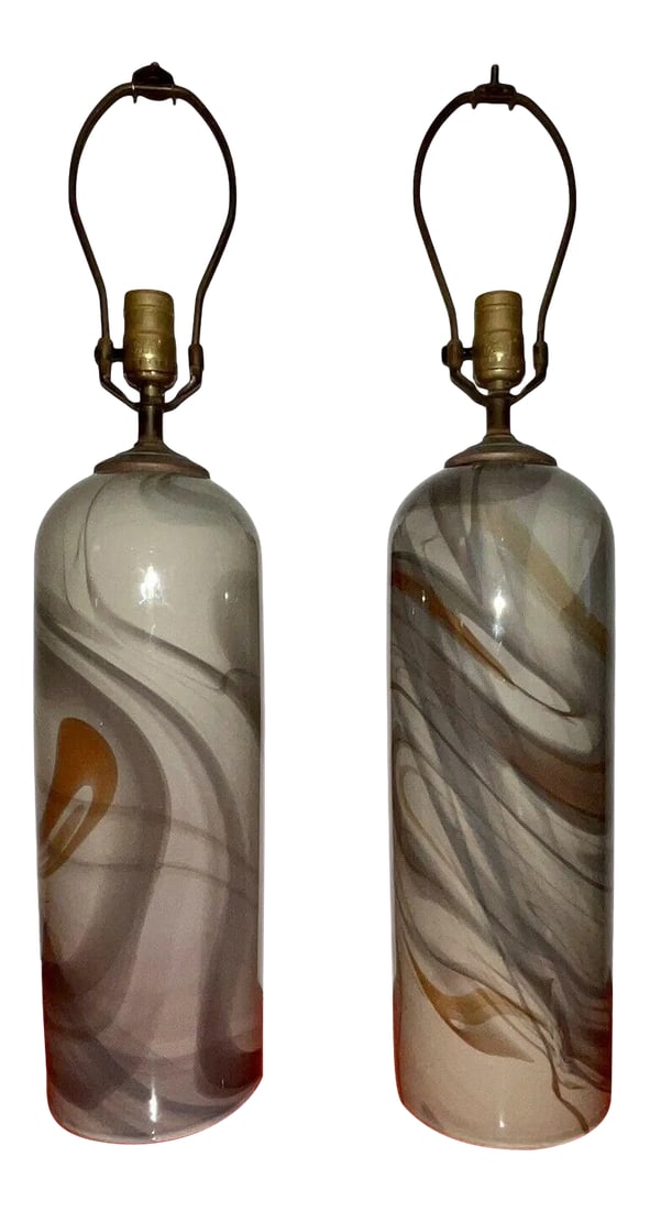 1989 Glasslight Studio Postmodern Swirled Art Glass Table Lamps - a Pair: PALM BEACH ESTATE FIND!! Magnificent matched pair of Art Glass table lamps made by Candace and Joel Bless in St. Peter's Pennsylvania in their Glassworks Studio. They are signed and dated 1989. They