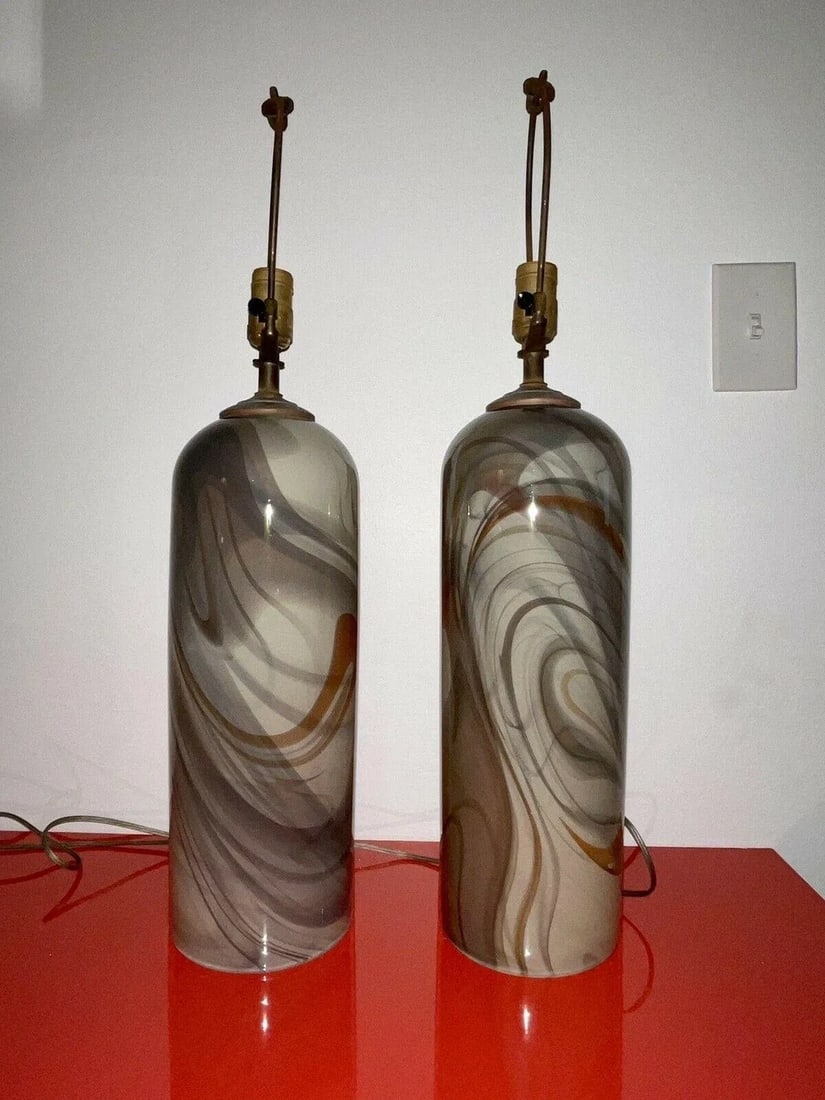 1989 Glasslight Studio Postmodern Swirled Art Glass Table Lamps - a Pair - 3