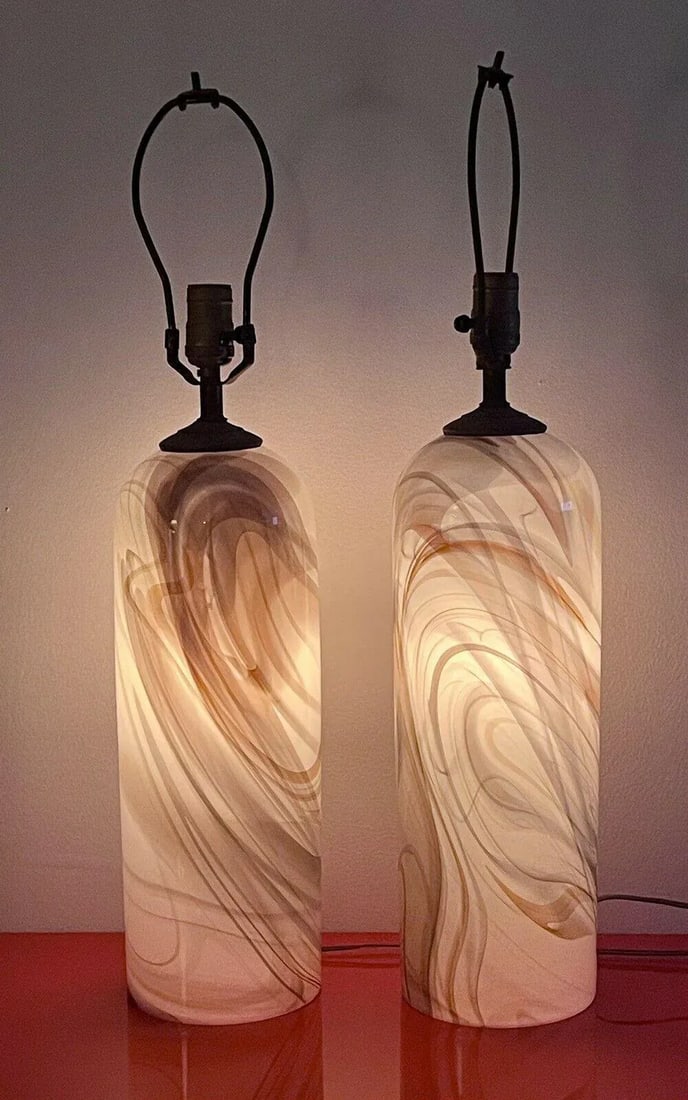 1989 Glasslight Studio Postmodern Swirled Art Glass Table Lamps - a Pair - 8