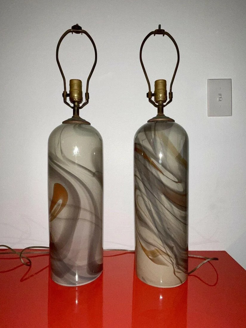 1989 Glasslight Studio Postmodern Swirled Art Glass Table Lamps - a Pair - 9