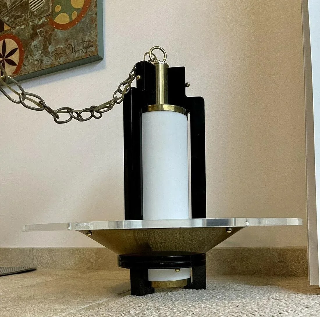 1960s Postmodern Art Deco Lucite Black Lacquer Brass Swag Chandelier - 13
