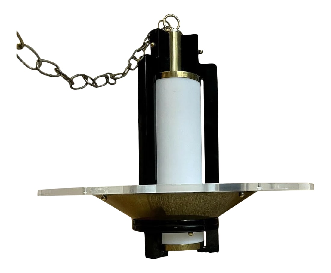 1960s Postmodern Art Deco Lucite Black Lacquer Brass Swag Chandelier: PALM BEACH ESTATE FIND! Monumental Postmodern Space Age Lucite, Black Lacquer and Brass Chandelier in the Art Deco Hollywood Regency style. Condition is overall excellent with some cracks to the lucit