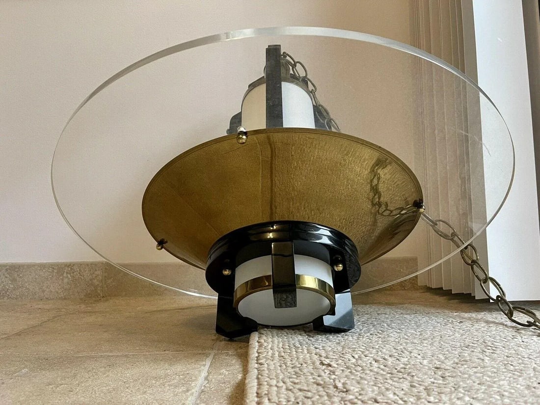 1960s Postmodern Art Deco Lucite Black Lacquer Brass Swag Chandelier - 2