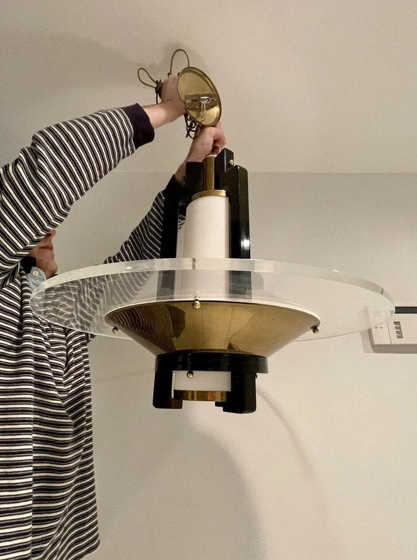 1960s Postmodern Art Deco Lucite Black Lacquer Brass Swag Chandelier - 3