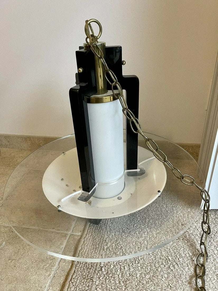 1960s Postmodern Art Deco Lucite Black Lacquer Brass Swag Chandelier - 4