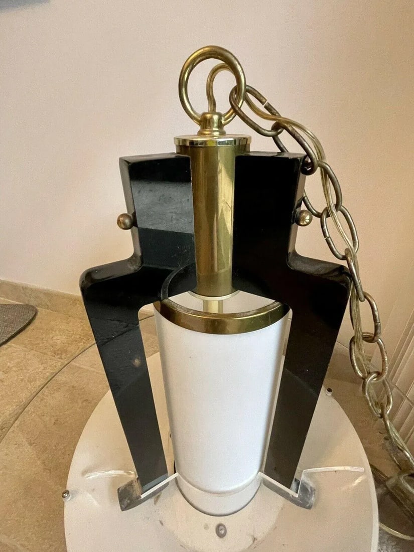 1960s Postmodern Art Deco Lucite Black Lacquer Brass Swag Chandelier - 7