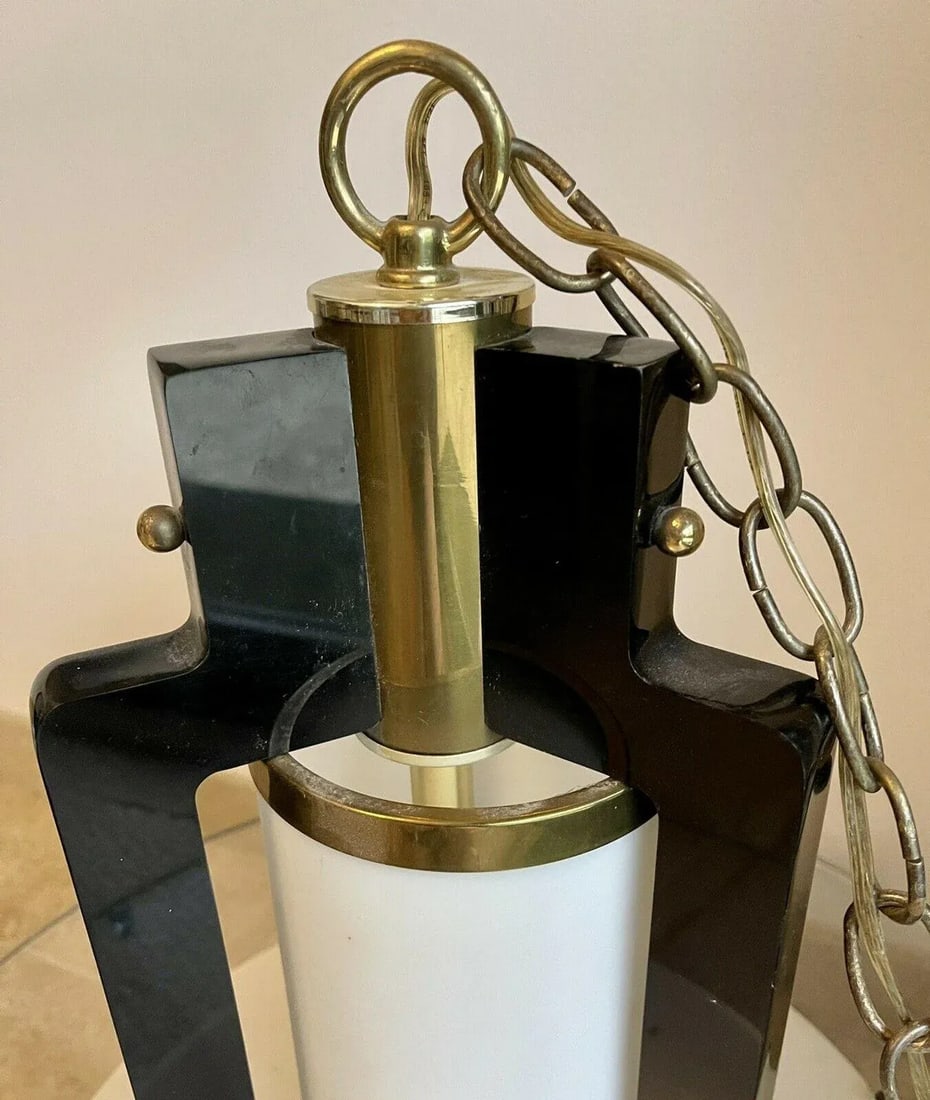 1960s Postmodern Art Deco Lucite Black Lacquer Brass Swag Chandelier - 8