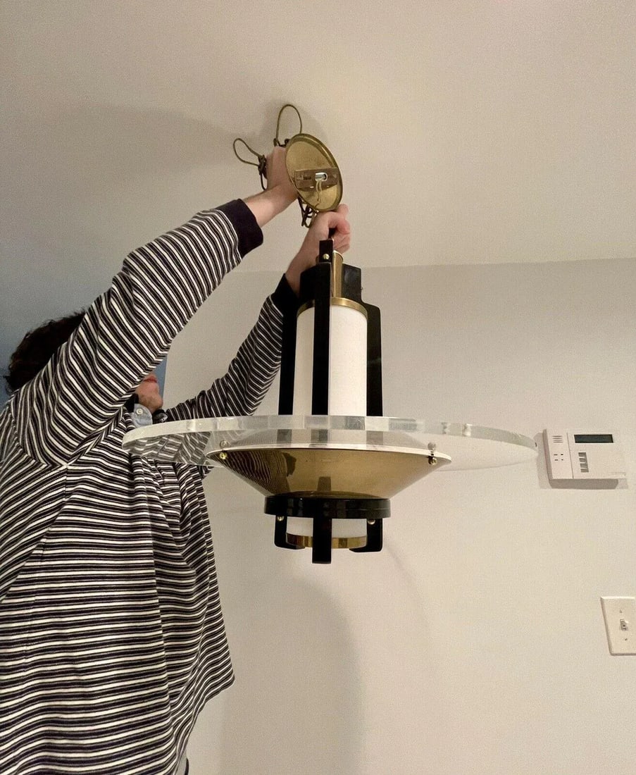 1960s Postmodern Art Deco Lucite Black Lacquer Brass Swag Chandelier - 9
