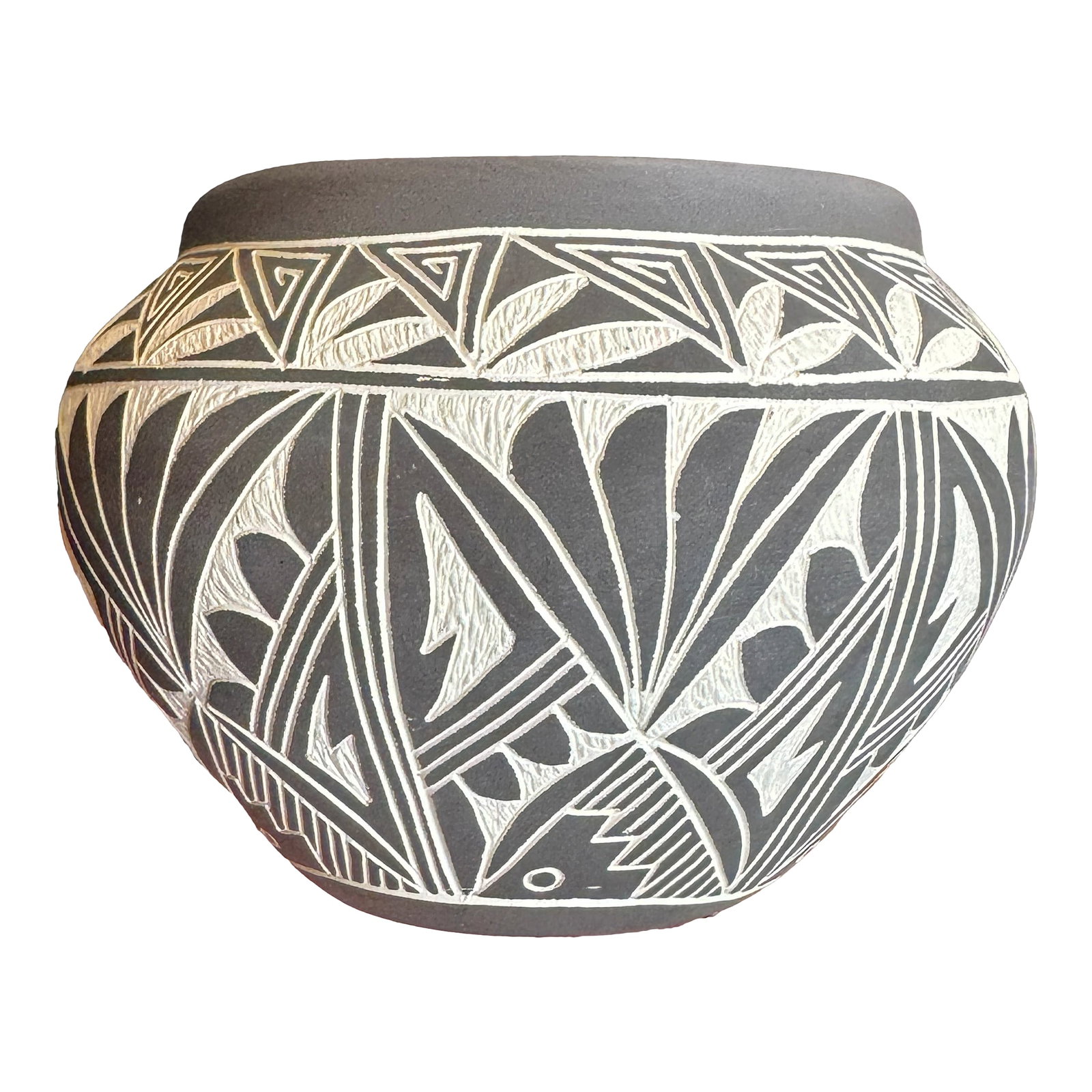 Acoma / Laguna Pueblo Sgraffito Pottery Jar - Hand-Etched Black on Matte Ground, Signed, 4.5": Contemporary etched sgraffito pottery jar signed on the base "Laguna, Acoma N.M. LC / GP." Measures approximately 4.5 inches tall by 6 inches wide. The jar features a matte black slip with designs