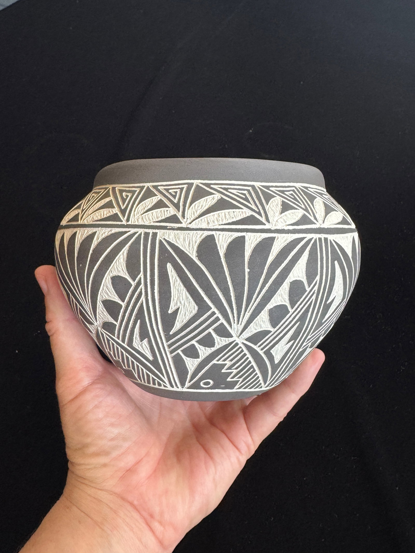 Acoma / Laguna Pueblo Sgraffito Pottery Jar - Hand-Etched Black on Matte Ground, Signed, 4.5" - 4