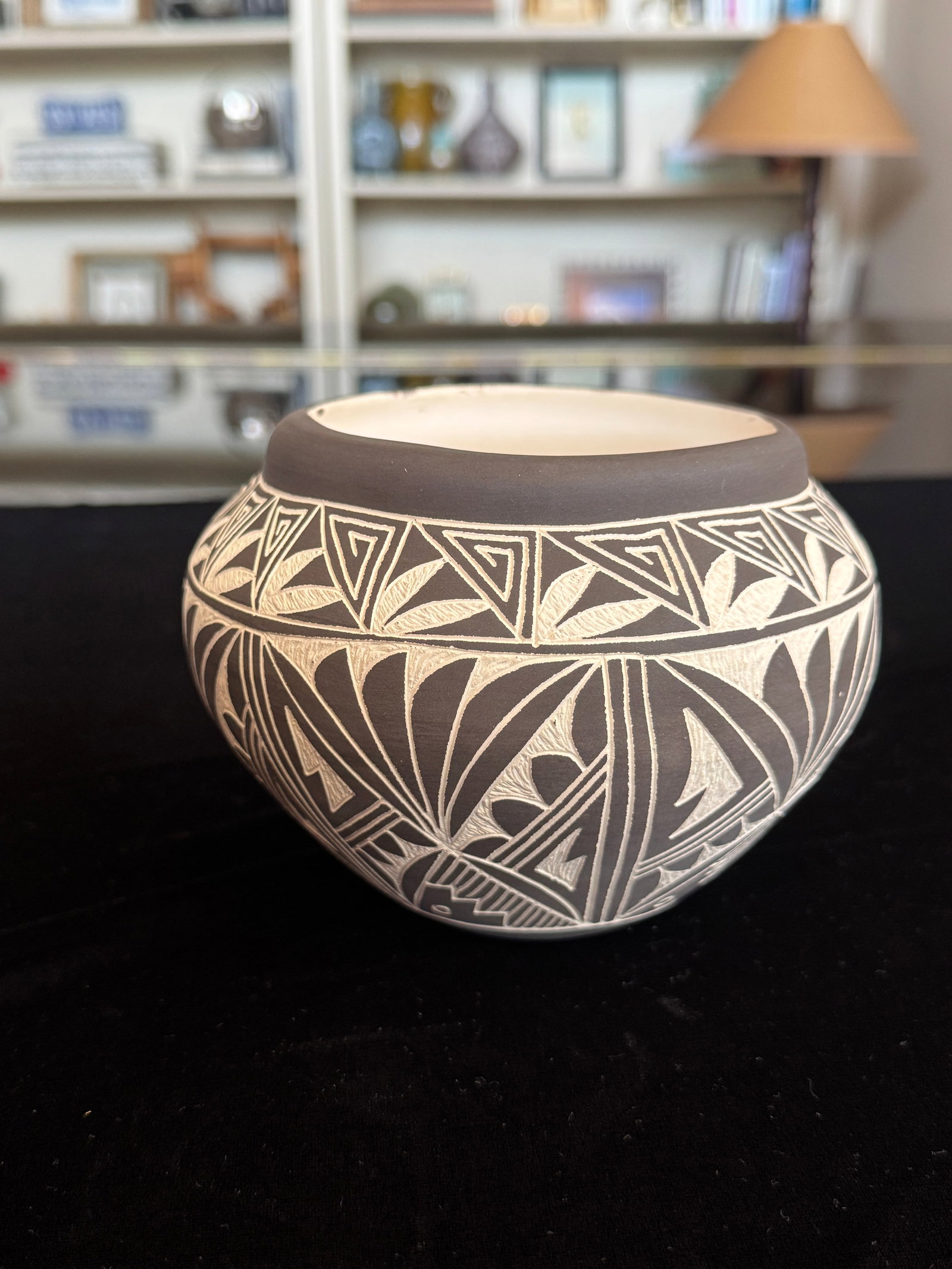 Acoma / Laguna Pueblo Sgraffito Pottery Jar - Hand-Etched Black on Matte Ground, Signed, 4.5" - 5