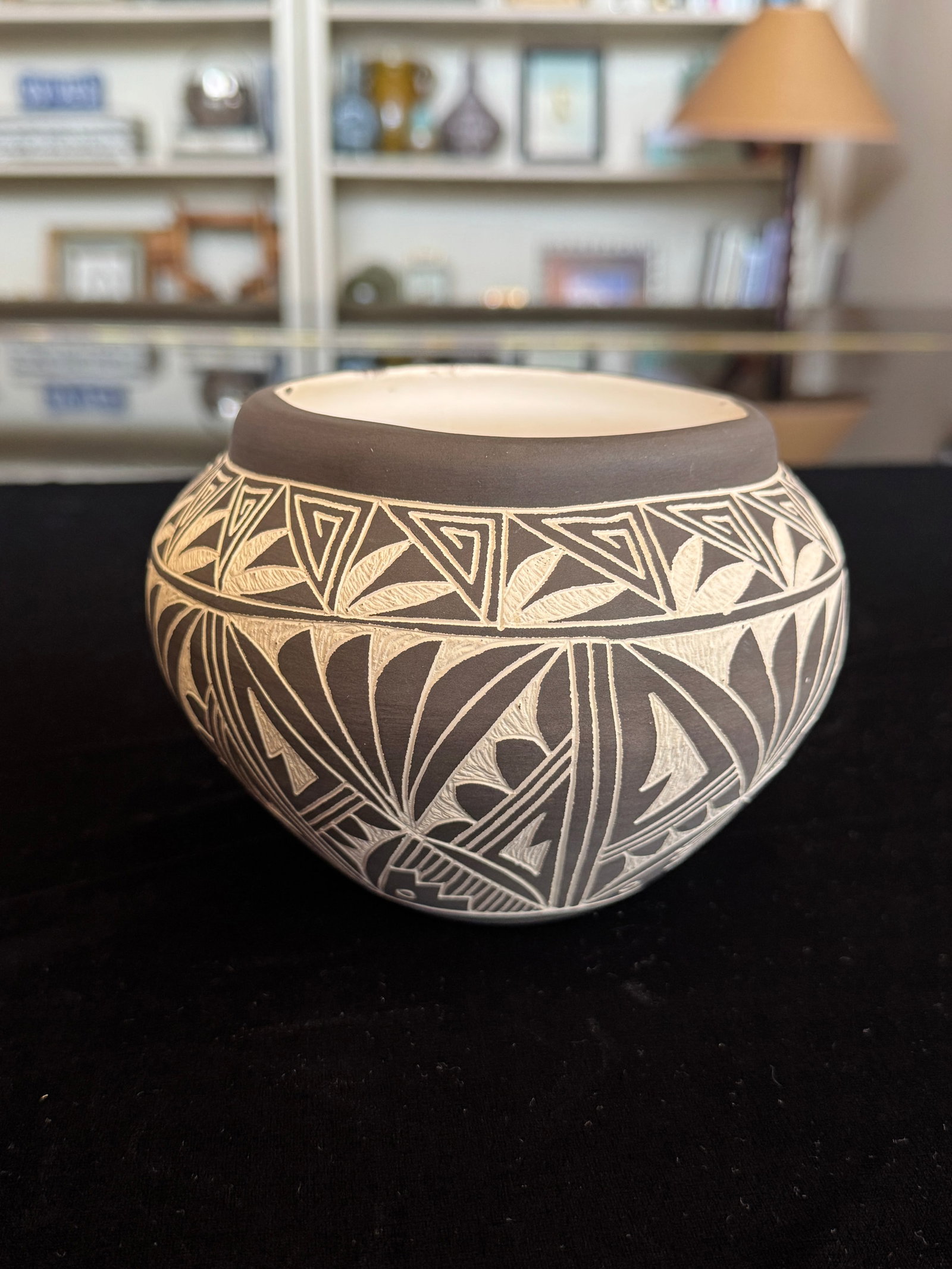 Acoma / Laguna Pueblo Sgraffito Pottery Jar - Hand-Etched Black on Matte Ground, Signed, 4.5" - 6