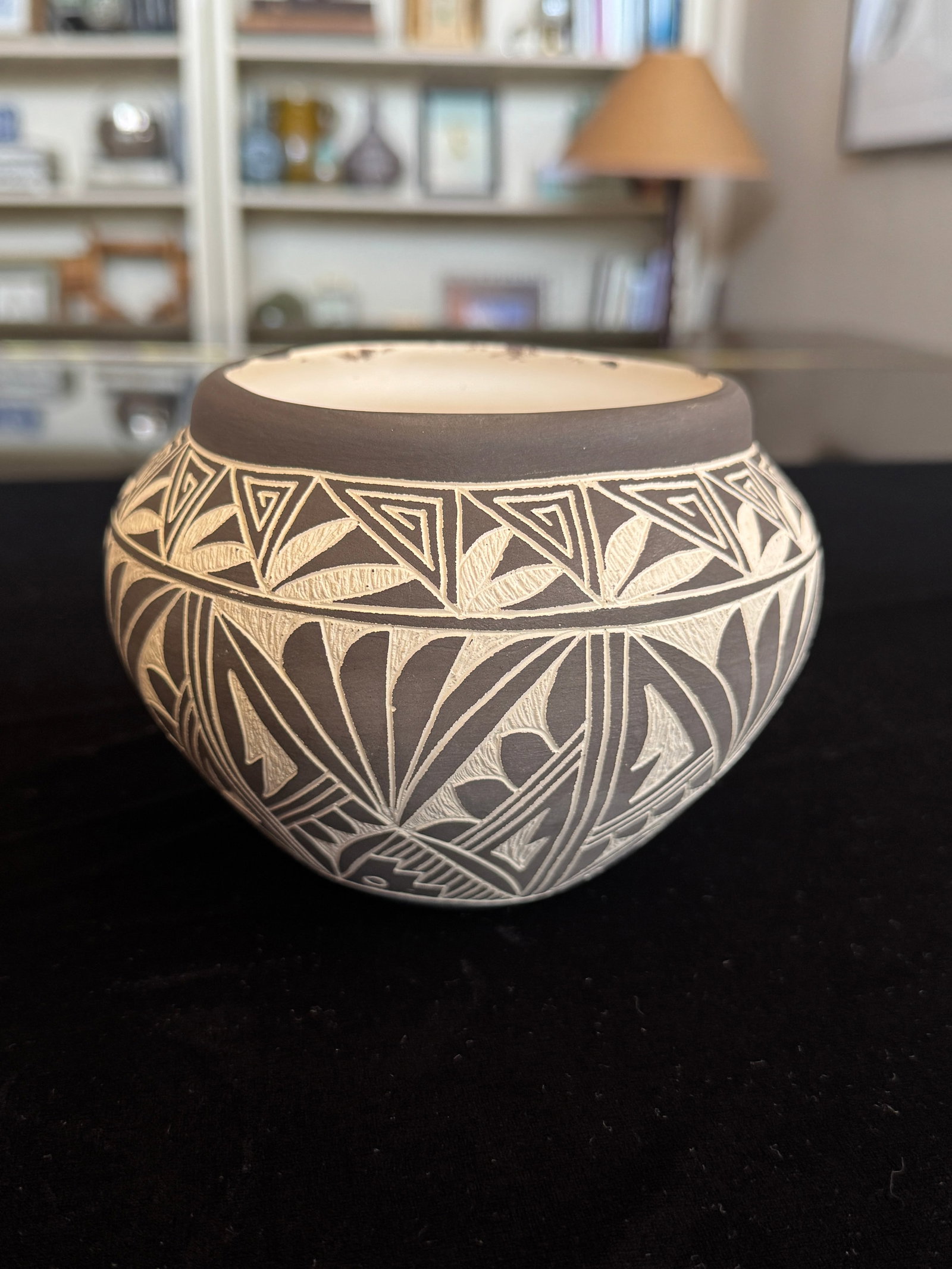 Acoma / Laguna Pueblo Sgraffito Pottery Jar - Hand-Etched Black on Matte Ground, Signed, 4.5" - 7
