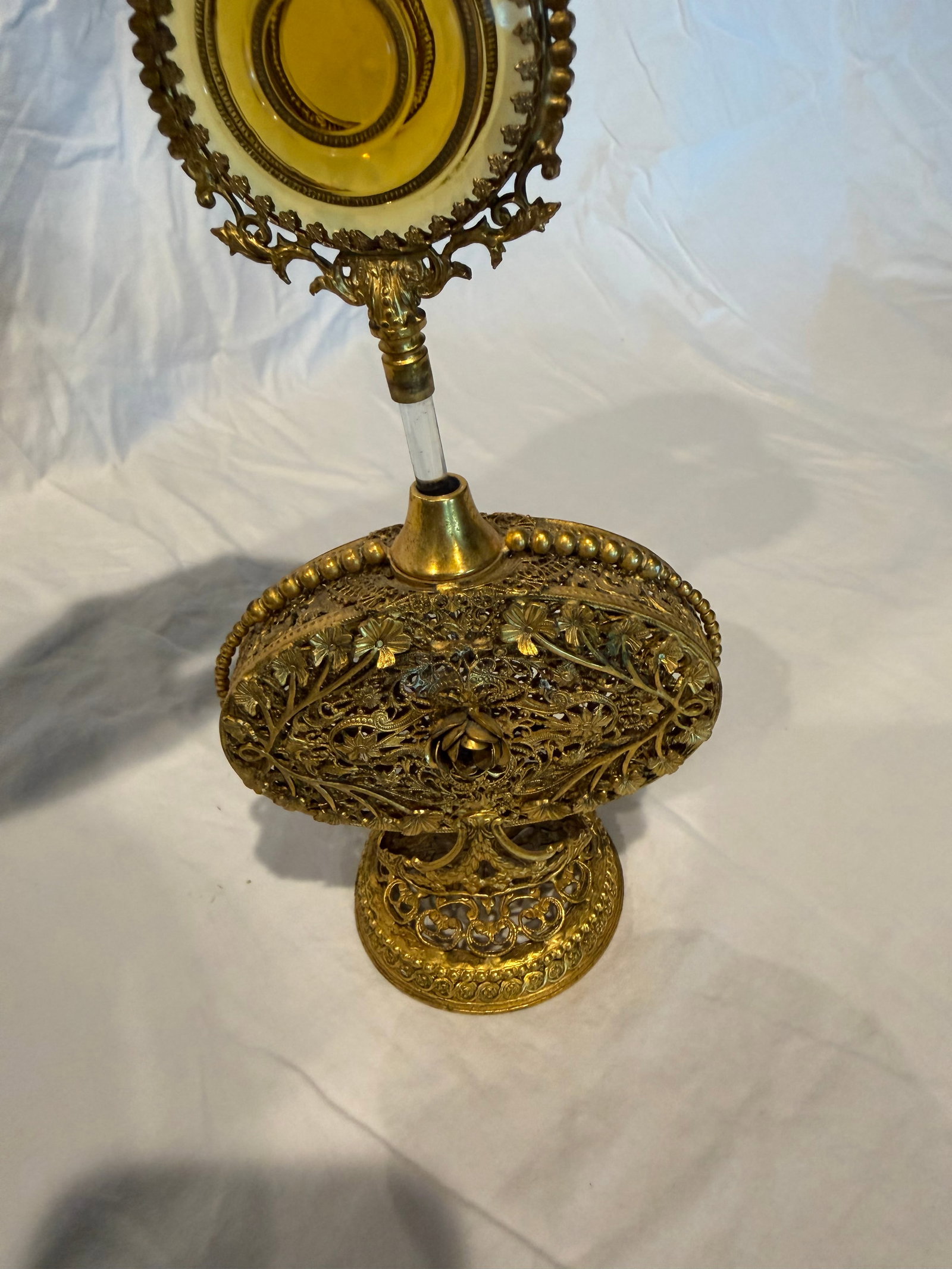 Pair of Antique Victorian Ormolu Perfume Bottles With Amber Glass and Original Daubers - 3