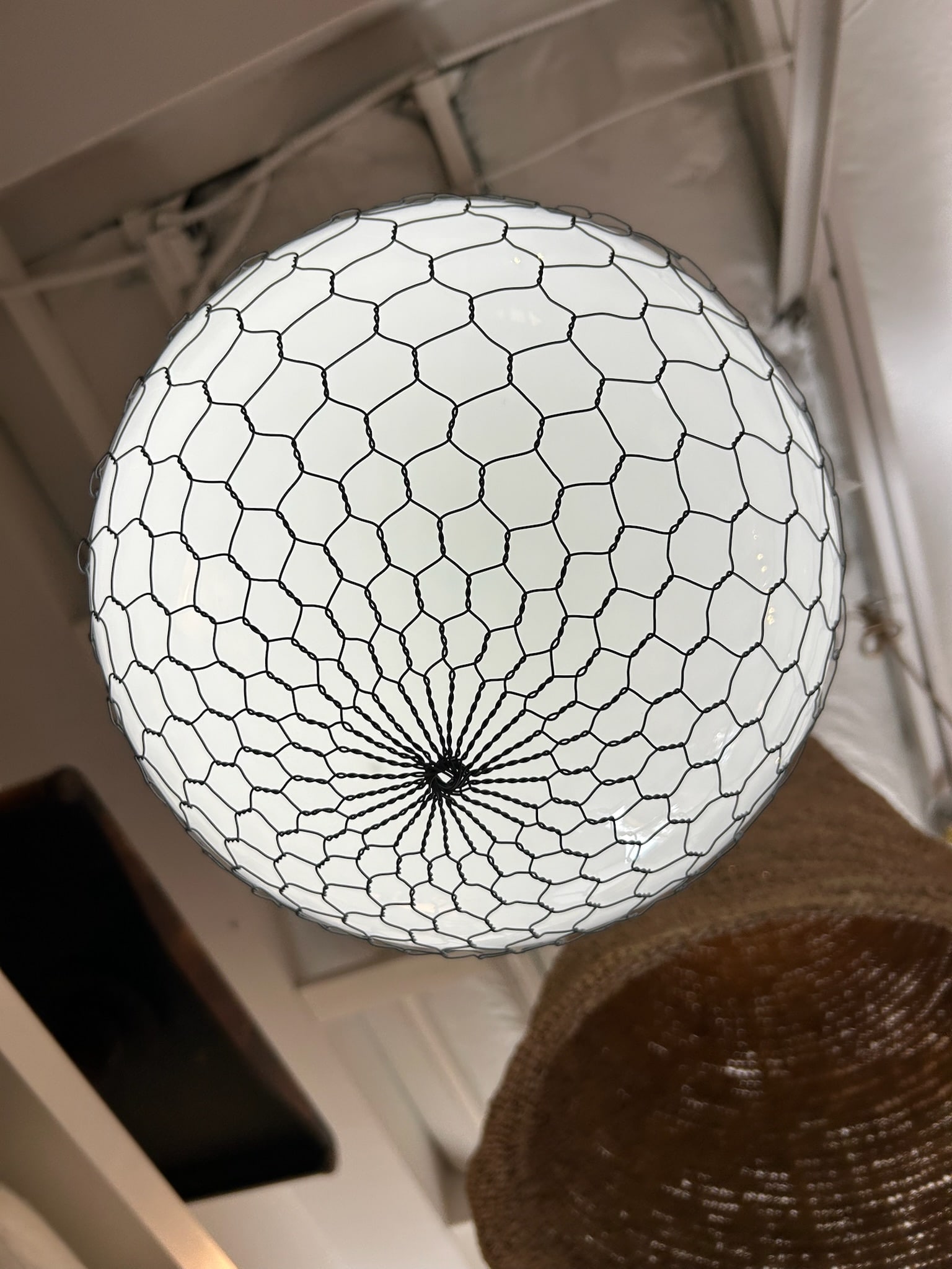 Late 20th Century Unlacquered Brass Hood Classic Pendant With 12-Inch Opal Globe With Wire Mesh - 11