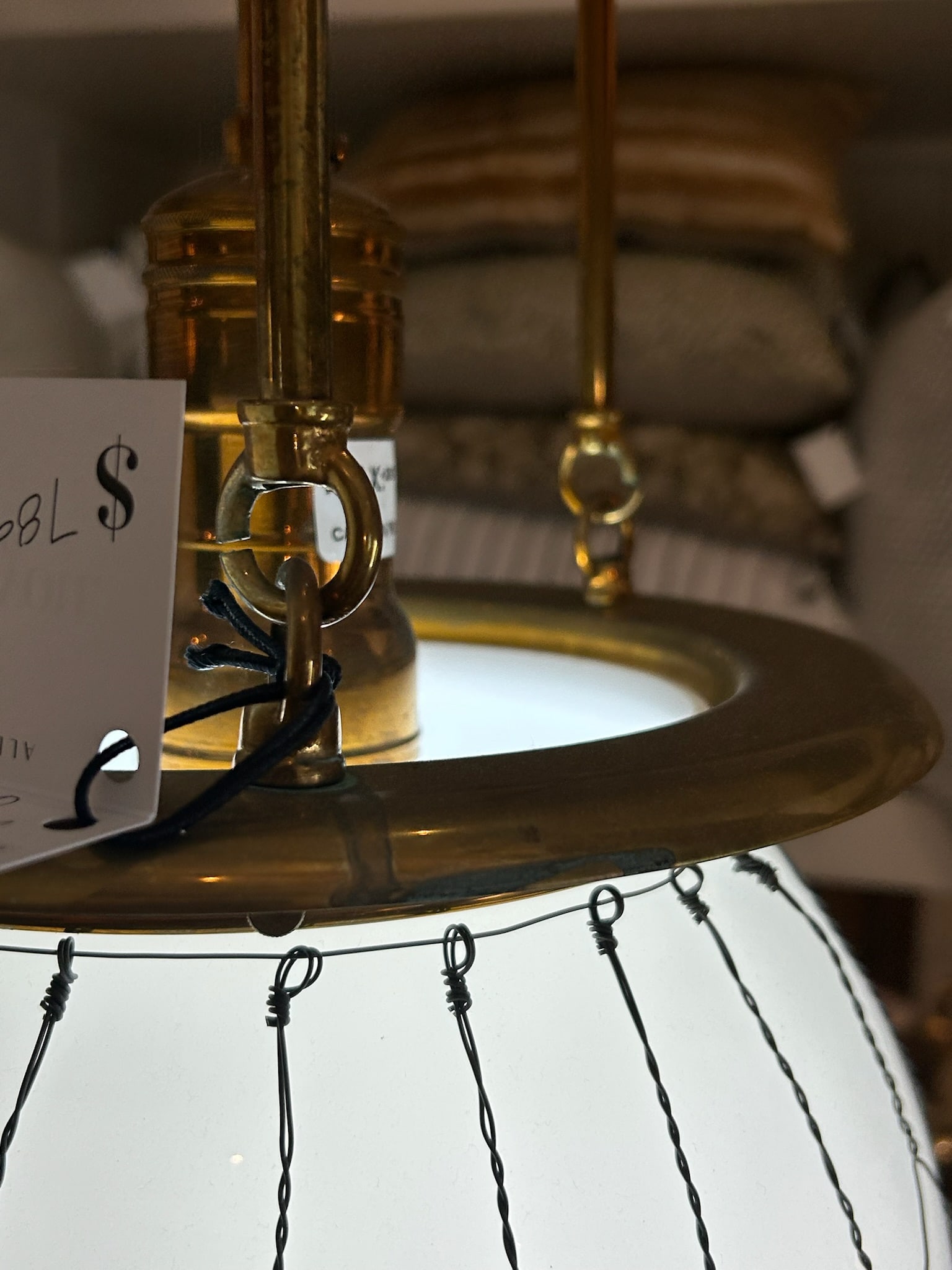 Late 20th Century Unlacquered Brass Hood Classic Pendant With 12-Inch Opal Globe With Wire Mesh - 12