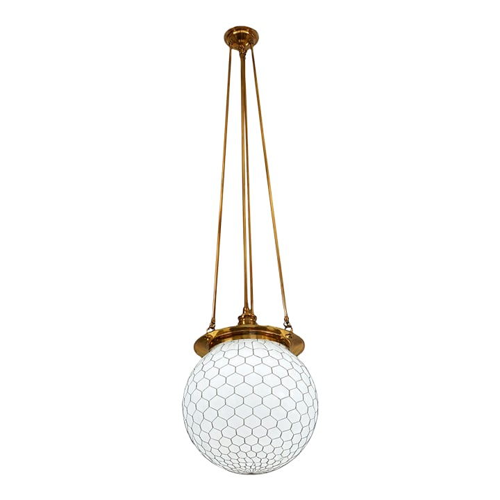 Late 20th Century Unlacquered Brass Hood Classic Pendant With 12-Inch Opal Globe With Wire Mesh: Unlacquered brass hood pendant with a 12-inch opal glass globe. The globe is wrapped in a hexagonal wire mesh pattern. The fixture is suspended from a round brass ceiling canopy by three straight bras