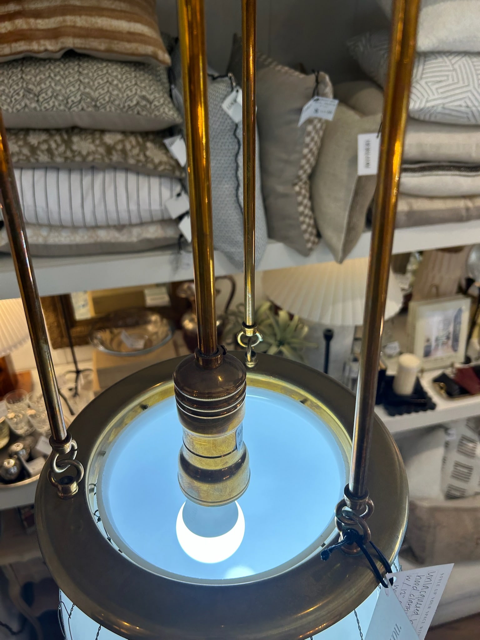 Late 20th Century Unlacquered Brass Hood Classic Pendant With 12-Inch Opal Globe With Wire Mesh - 3