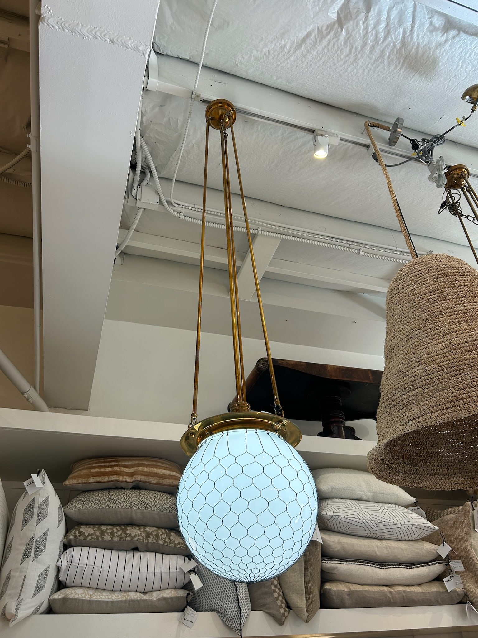 Late 20th Century Unlacquered Brass Hood Classic Pendant With 12-Inch Opal Globe With Wire Mesh - 5