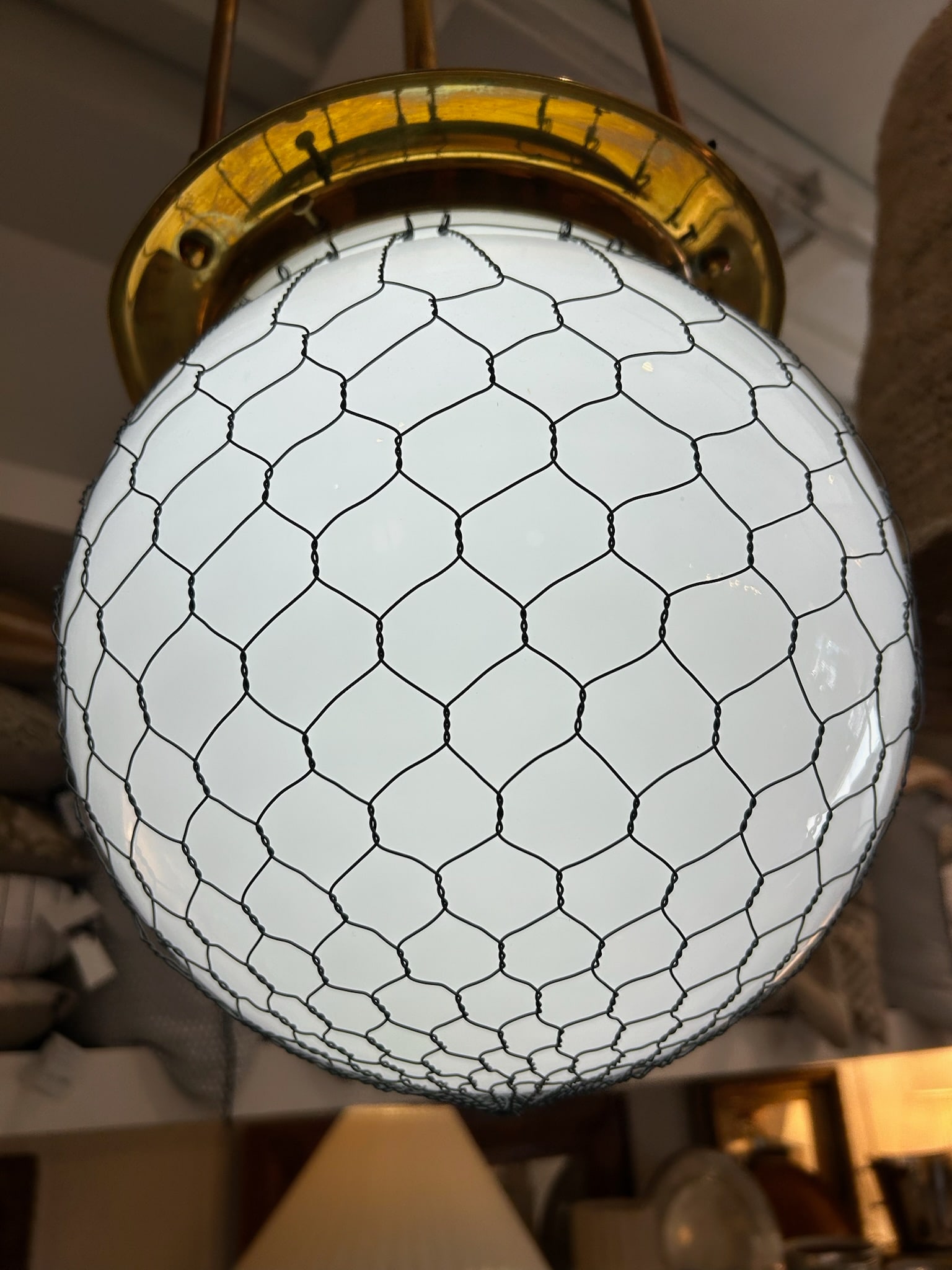 Late 20th Century Unlacquered Brass Hood Classic Pendant With 12-Inch Opal Globe With Wire Mesh - 6